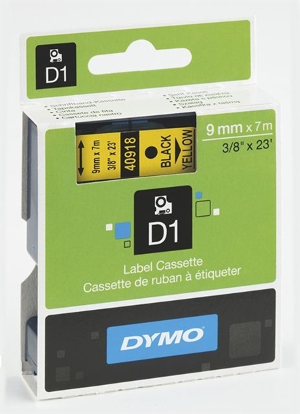 Trak Dymo D1 409180, 9 mm / 7 m (črna/rumena), original