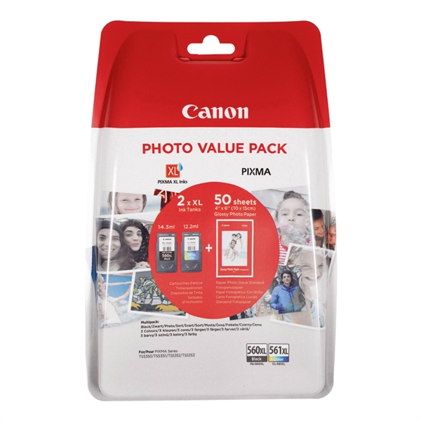 Komplet kartuš Canon PG-560XL (črna) + CL-561XL (barvna) + papir (GP-501), original