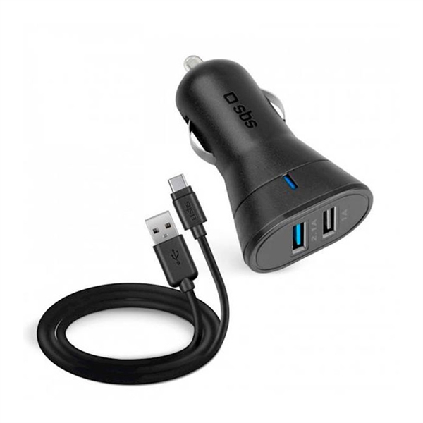 Polnilec za avto SBS + polnilni kabel USB-A na USB-C, 2 vhoda, 10 W, črn