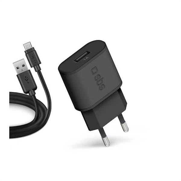 Stenski polnilec SBS + polnilni kabel USB-A na micro-USB, 5 W, črn