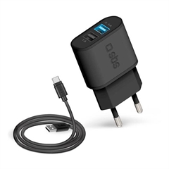 Stenski polnilec SBS + polnilni USB-A na USB-C kabel, 2 vhoda, 10 W, črn