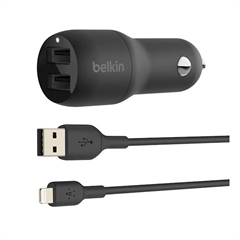 Polnilec za avto Belkin + polnilni kabel USB-A na Apple Lightning, 2 vhoda, 24 W, črn