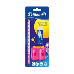 Svinčnik Pelikan + radirka + šilček v dozi (dvojni), roza