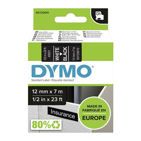 Trak Dymo D1 45021, 12 mm/7m (bela/črna), original