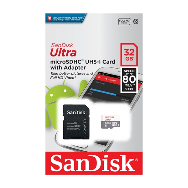 Spominska kartica SanDisk Ultra Micro SDHC C10 U1, 80 MB/s, 32 GB + SD adapter