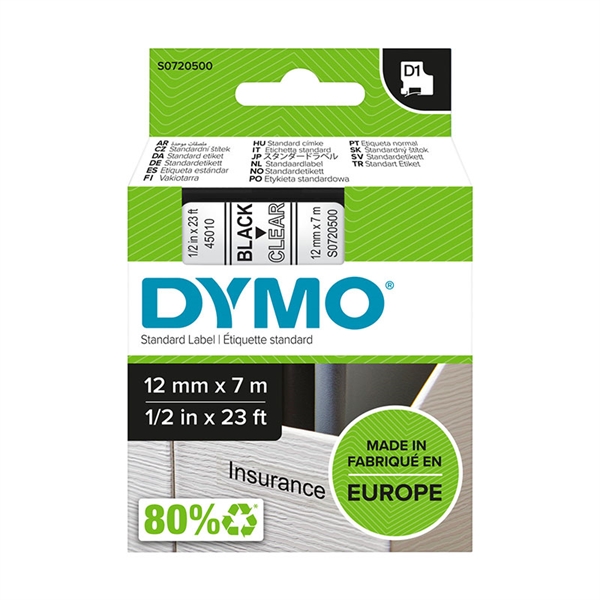 Trak Dymo D1 45010, 12 mm / 7 m (črno/prozoren), original