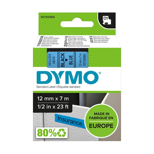 Trak Dymo D1 45016, 12 mm / 7 m (črna/modra), original