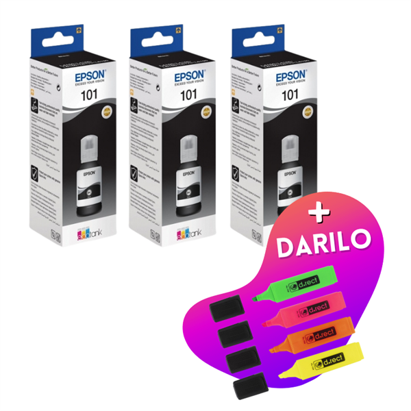 Komplet črnil za Epson 101 (C13T03V14A) (črna), original, 3 kosi + DARILO GRATIS