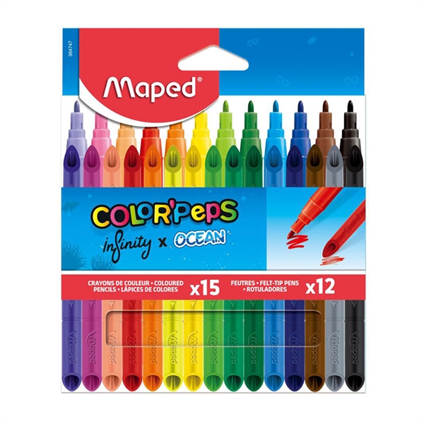 Komplet barvic in flomastrov Maped Infinity x Ocean, 15 + 12 kosov