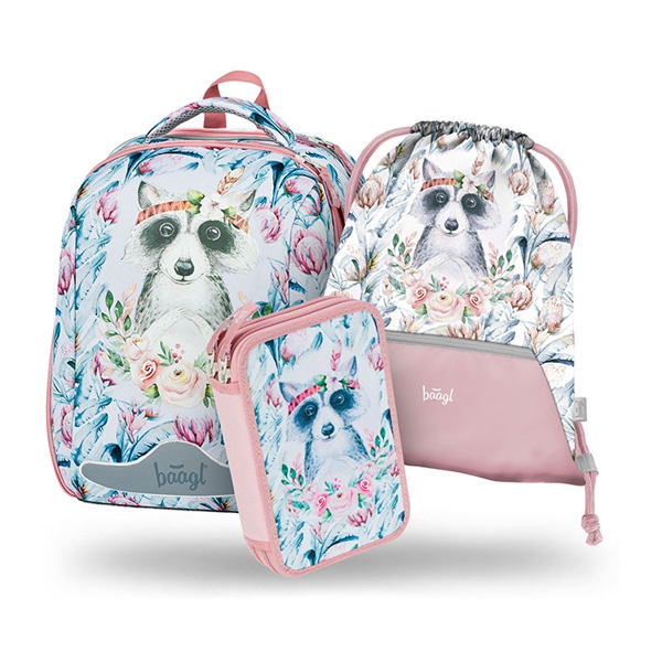 Prvošolski set Baagl Shelly Raccoon (3-delni)