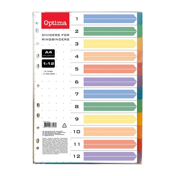 Pregradni karton 1-12 A4 PP Optima, 12 barv