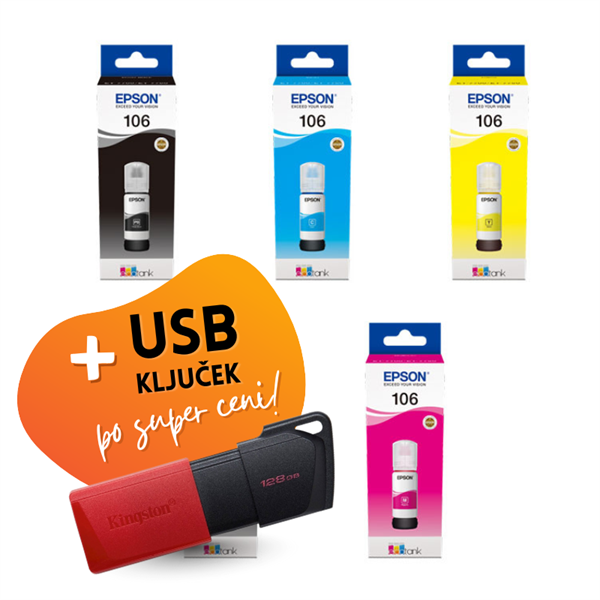 Komplet črnil Epson 106 (BK/PBK/C/M/Y), original + USB ključek po SUPER ceni