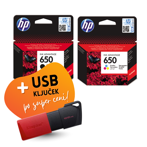 Komplet kartuš HP nr.650 (BK + CMY), original + USB ključek po SUPER ceni