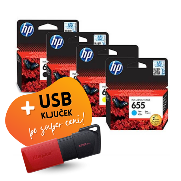 Komplet kartuš HP nr.655 (BK/C/M/Y), original + USB ključek po SUPER ceni