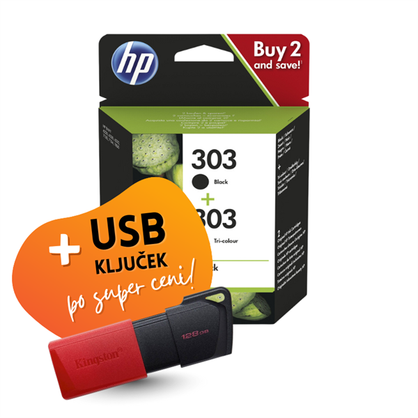 Komplet kartuš HP 3YM92AE (nr.303 BK + nr.303 CMY), original + USB ključek po SUPER ceni