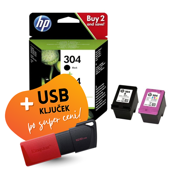 Komplet kartuš HP 3JB05AE (nr.304 BK + nr.304 CMY), original + USB ključek po SUPER ceni
