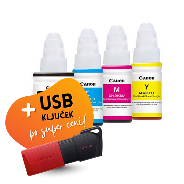 Komplet črnil za Canon GI-490 (BK/C/M/Y), original + USB ključek po SUPER ceni
