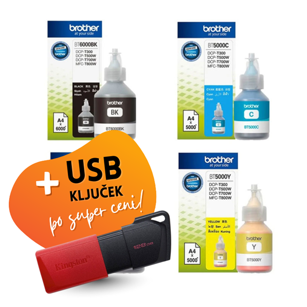 Komplet črnil za Brother BT-6000 BK + BT-5000 (C/M/Y), original + USB ključek po SUPER ceni