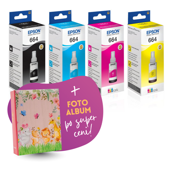 Komplet črnil Epson T664 (BK/C/M/Y), original + foto album po SUPER ceni
