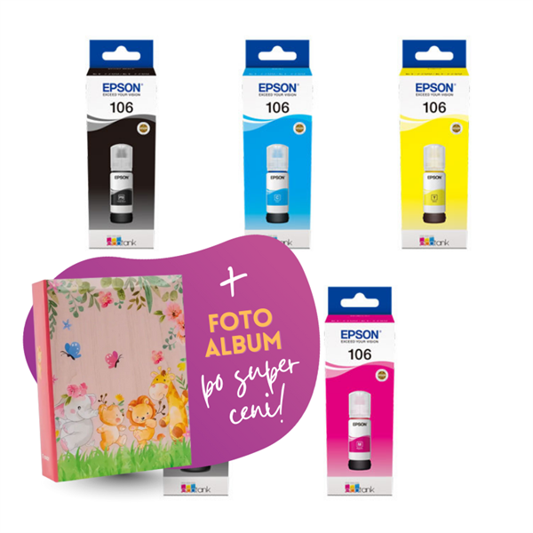 Komplet črnil Epson 106 (BK/PBK/C/M/Y), original + foto album po SUPER ceni
