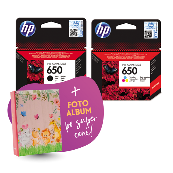 Komplet kartuš HP nr.650 (BK + CMY), original + foto album po SUPER ceni