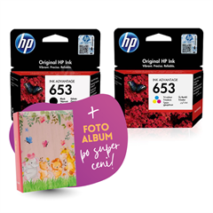Komplet kartuš HP nr.653 (BK + CMY), original + foto album po SUPER ceni