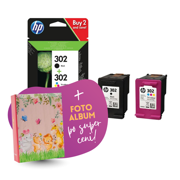 Kartuša HP X4D37AE (nr.302 BK + nr.302 CMY), dvojno pakiranje, original + foto album po SUPER ceni