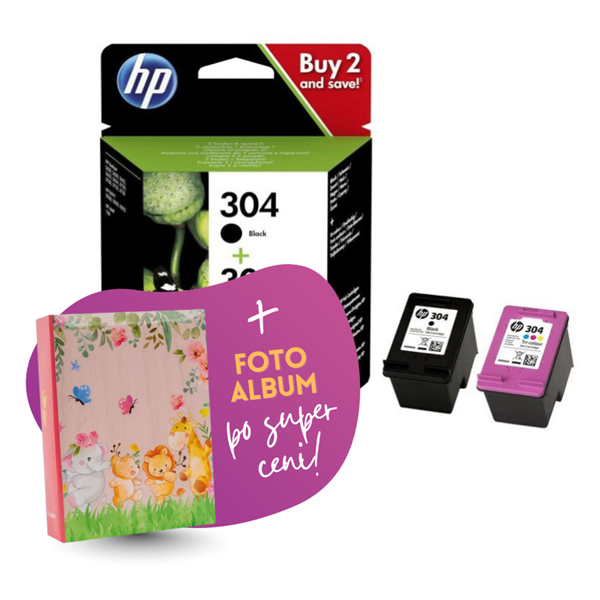 Komplet kartuš HP 3JB05AE (nr.304 BK + nr.304 CMY), original + foto album po SUPER ceni