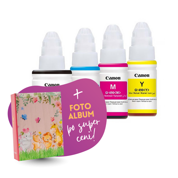 Komplet črnil za Canon GI-490 (BK/C/M/Y), original + foto album po SUPER ceni