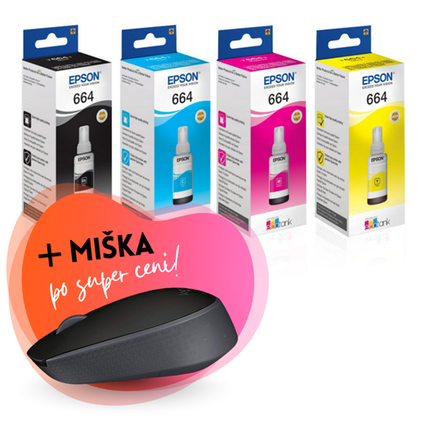 Komplet črnil Epson T664 (BK/C/M/Y), original + brezžična miška po SUPER ceni