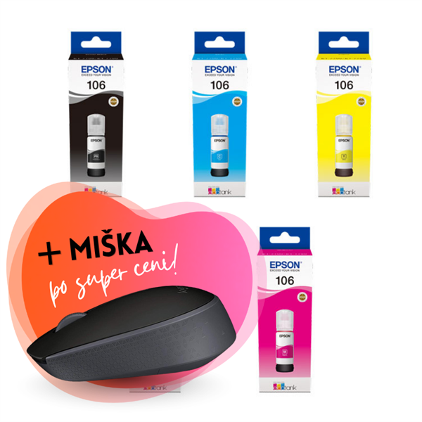 Komplet črnil Epson 106 (BK/PBK/C/M/Y), original + brezžična miška po SUPER ceni