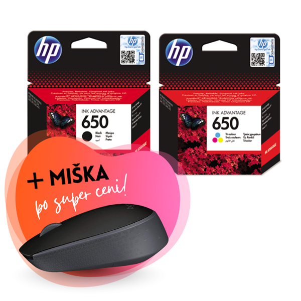Komplet kartuš HP nr.650 (BK + CMY), original + brezžična miška po SUPER ceni