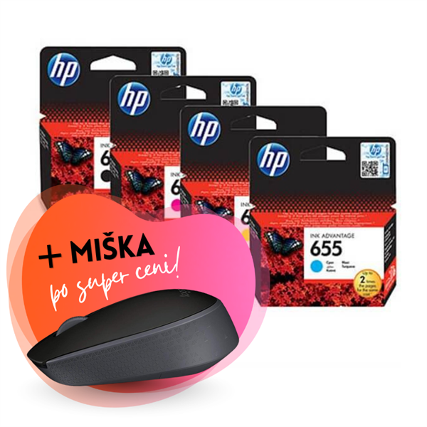 Komplet kartuš HP nr.655 (BK/C/M/Y), original + brezžična miška po SUPER ceni