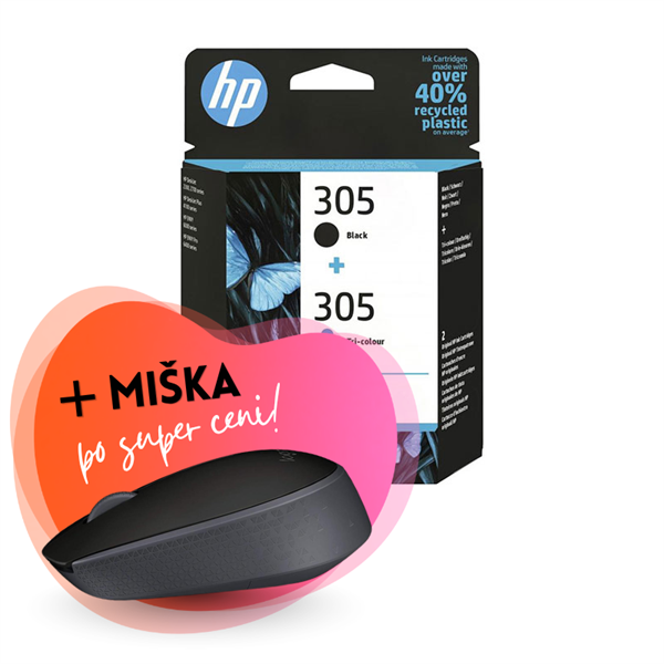 Komplet kartuš HP 6ZD17AE (nr.305 BK + nr.305 CMY), dvojno pakiranje, original + brezžična miška po SUPER ceni