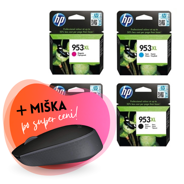 Komplet kartuš HP nr.953XL (BK/C/M/Y), original + brezžična miška po SUPER ceni