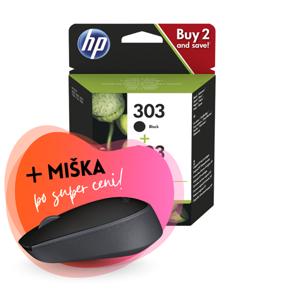 Komplet kartuš HP 3YM92AE (nr.303 BK + nr.303 CMY), original + brezžična miška po SUPER ceni