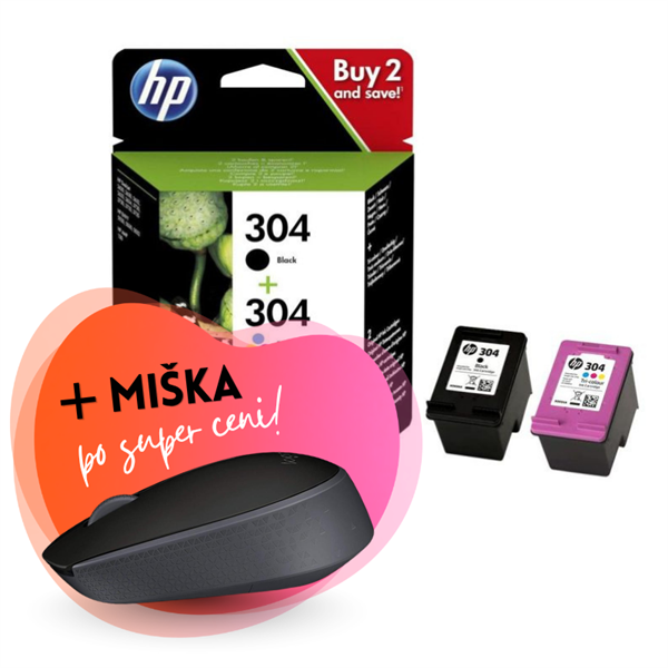 Komplet kartuš HP 3JB05AE (nr.304 BK + nr.304 CMY), original + brezžična miška po SUPER ceni