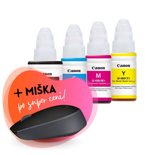 Komplet črnil za Canon GI-490 (BK/C/M/Y), original + brezžična miška po SUPER ceni