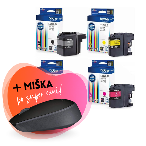 Komplet kartuš Brother LC529XL (BK) + LC525XL (C/M/Y), original + brezžična miška po SUPER ceni