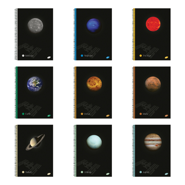 Zvezek A4 Elisa Planeti s špiralo, črtni, 70 listov, sortirano